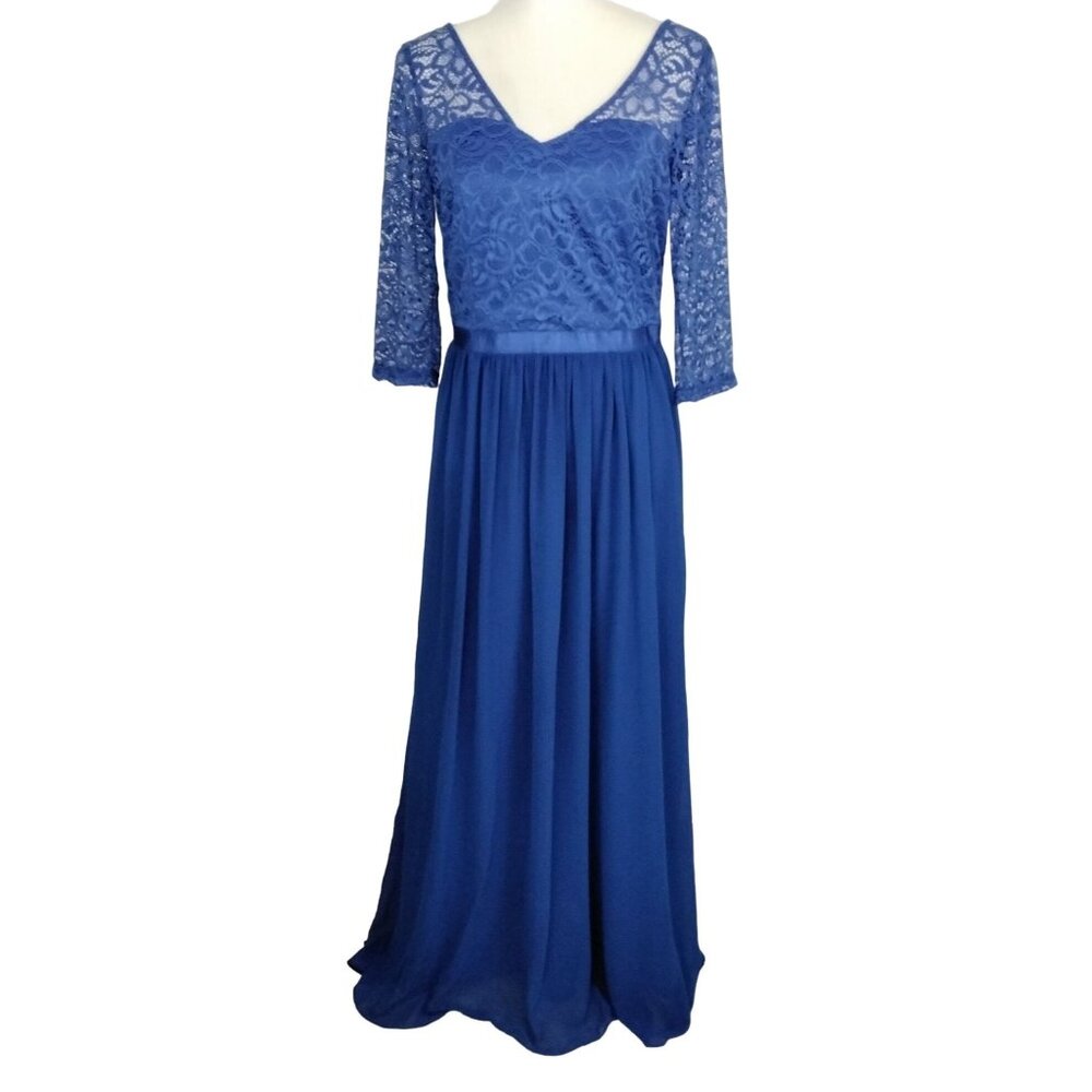 Womens Elegant Royal Blue Lace Chiffon Large Maxi Dress 3/4 Sleeves & V-Neckline